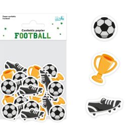 Paquet de 50 confettis de table sur le thème du football, comprenant ballons et coupes, idéals pour la décoration de fête, disponibles sur Badaboum.fr
