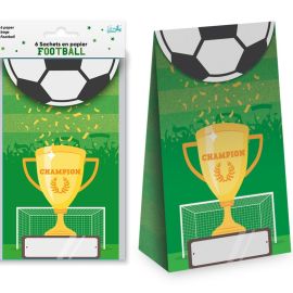 6 Sachets en papier décoration football pour goûter d'anniversaire, parfaits pour des bonbons ou des surprises, disponibles sur Badaboum.fr