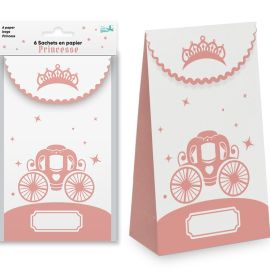 Sachets de fête en papier avec motif carrosse de princesse, pack de 6, pour anniversaire d'enfant - Badaboum.fr