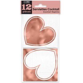 Élégantes serviettes cocktail rose gold en forme de cœur métallisées, 10x10cm, lot de 12, pour réceptions et fêtes, à trouver sur Badaboum.fr.