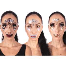 Strass autocollants pour visage Halloween, modèles variés, disponibles sur Badaboum