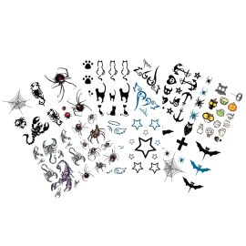 Assortiment de tatouages temporaires Halloween avec motifs variés pour enfants et adultes.