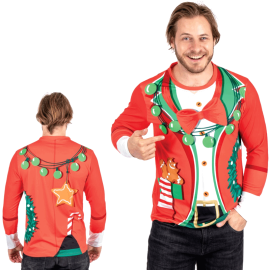 Homme souriant en T-shirt de Noël rouge avec imprimé veste smoking et décorations festives, taille l/xl disponible sur Badaboum.fr