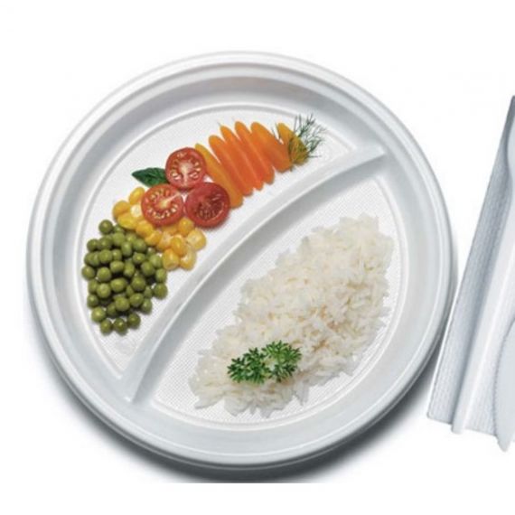 Assiette plastique Blanche 2 Compartiments, vaisselle jetable - Badaboum
