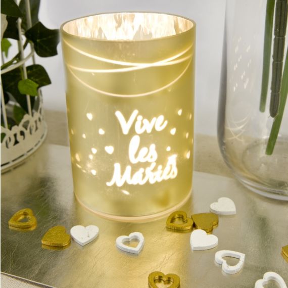 Photophore A LED Or Vive les Mariés avec Coeur, decoration mariage -  Badaboum